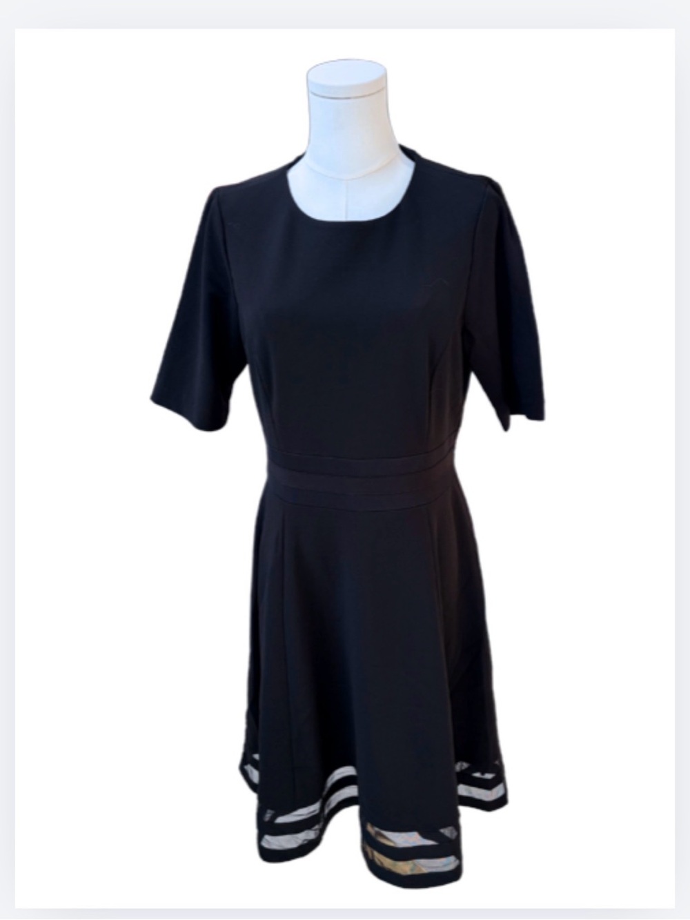 Calvin Klein Black Short-Sleeve Midi Dress with Sheer Hem - Picture 2 of 5